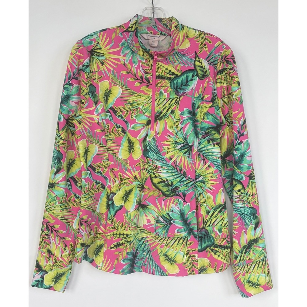 Tommy Bahama Golf Womens Large Pink Tropical Leaf Quarter Zip‎ Pullover Top